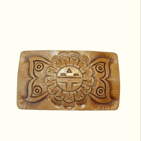 Vintage Zuni Tooled Leather Belt Buckle - Southwestern Flower & Butterfly Design - Picture 1 of 4